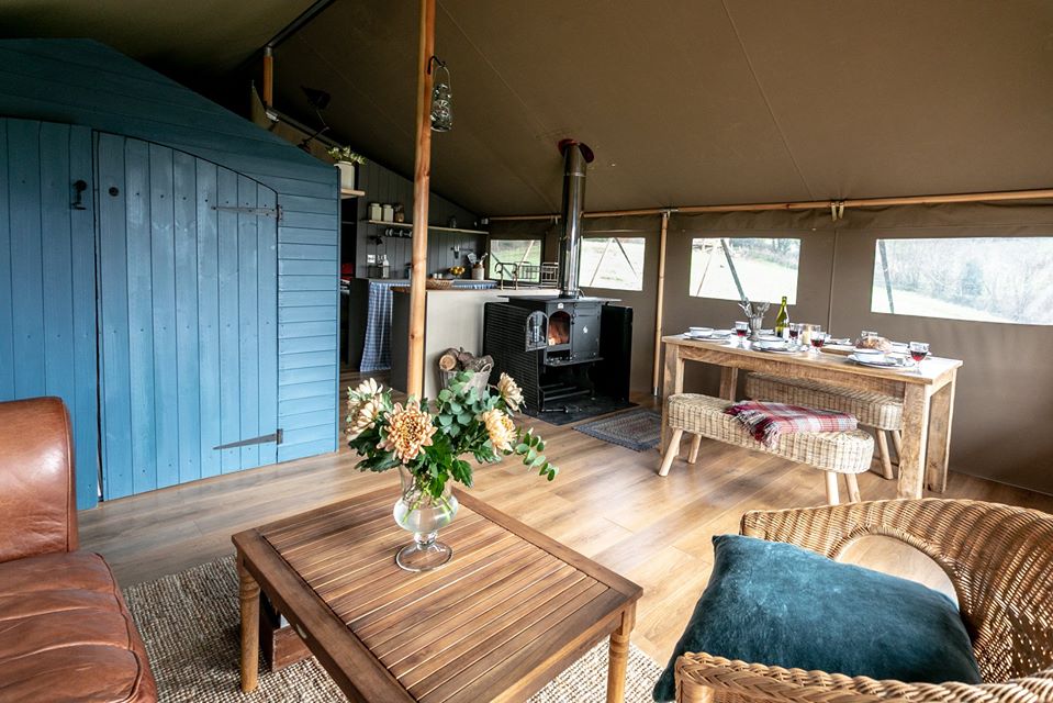 Exe Valley Glamping, Devon, sun inside tent