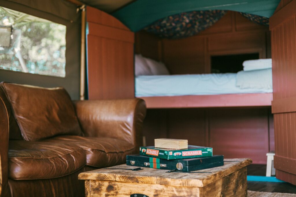 exe valley safari tent devon - cabin bed and games