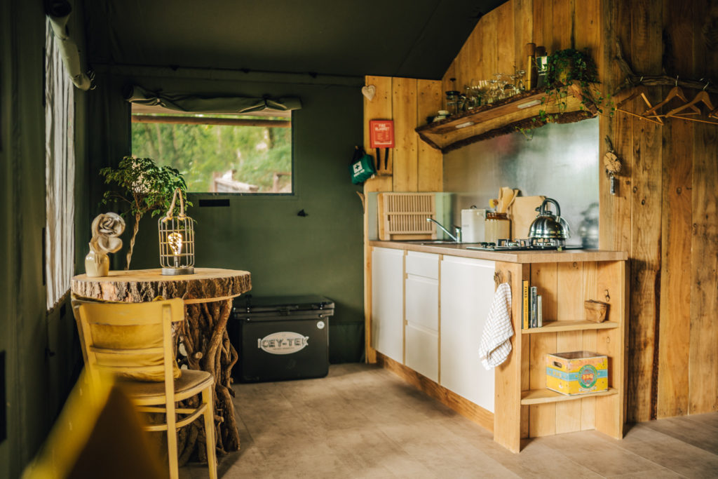 By The Wye - glamping site wye valley safari tent inside kitchen view
