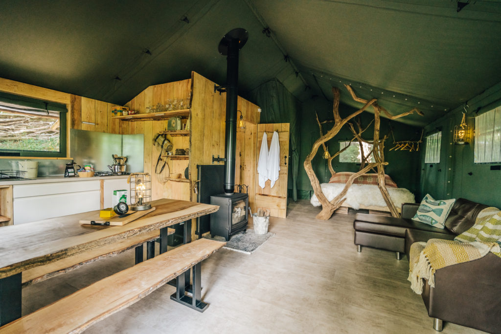 By The Wye - glamping site wye valley safari tent inside main bedroom open plan