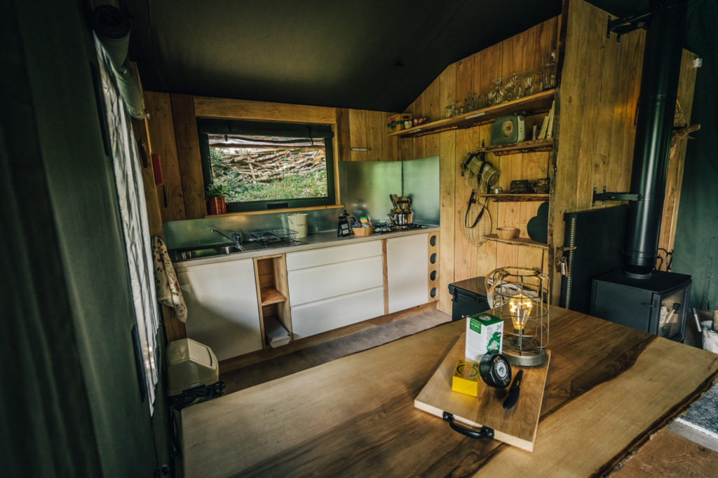 By The Wye - glamping site wye valley safari tent inside kitchen and food