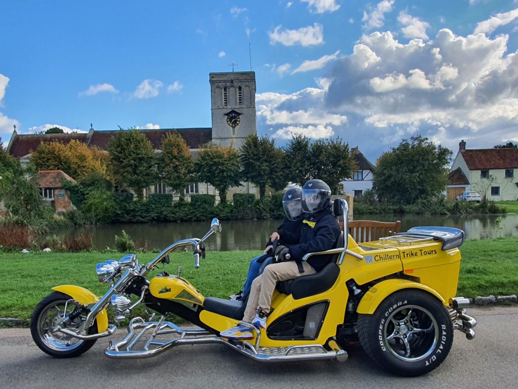 Chiltern Trike Tours - Bumblebee trike by church in Chilterns