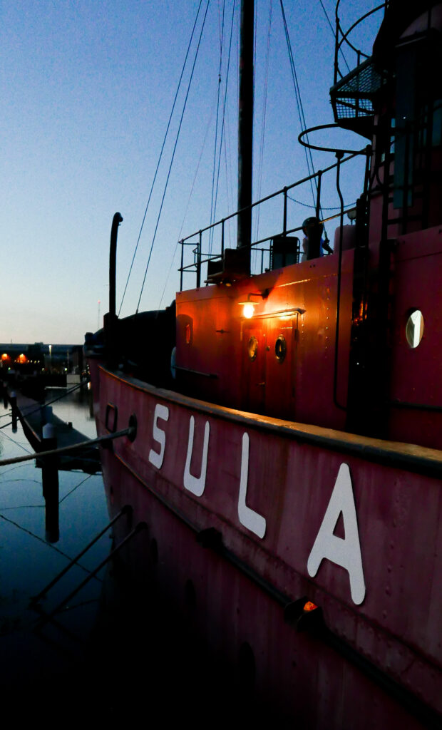 SULA-Lightship-Gloucester-Docks sula name at night