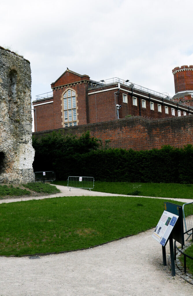 Reading Abbey Grounds and view of Reading Gaol