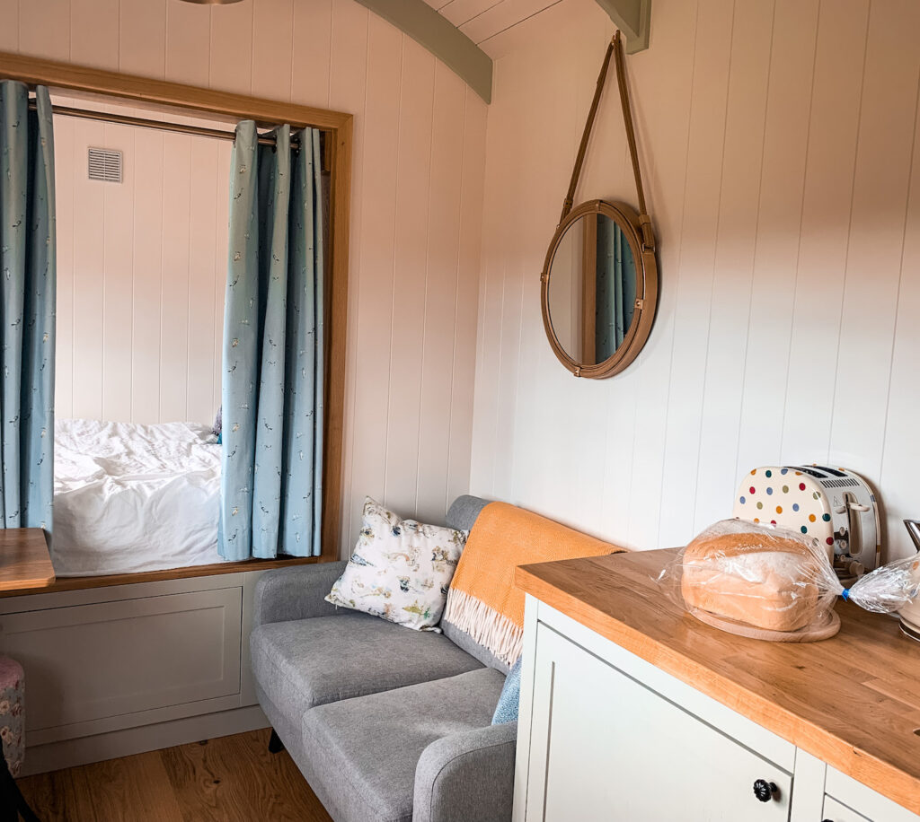 ewe glamping shepherds hut, braunston, northamptonshire grace - inside