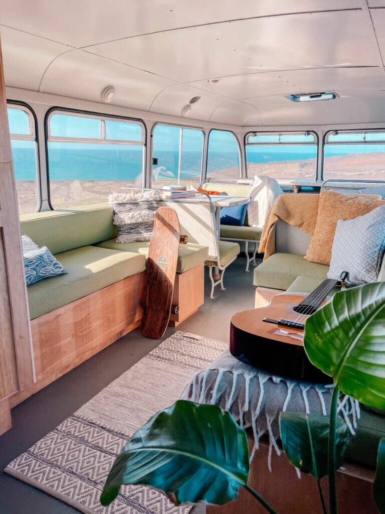 adventure holiday in cornwall: scaranger bus seating interior