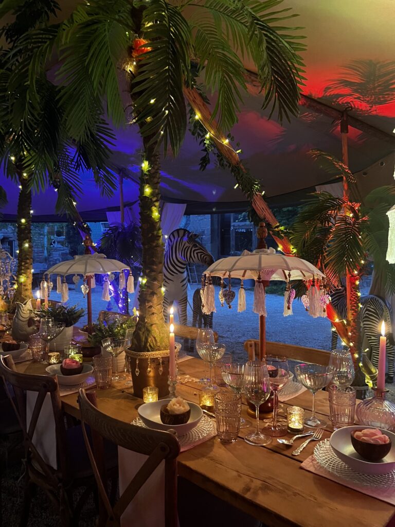 night-time party set up at Tan House party house in gloucestershire