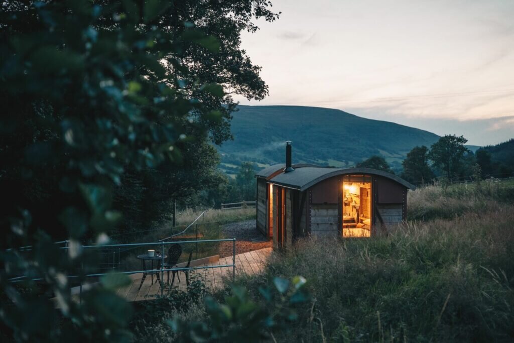 Converted railway carriage in Welsh hills