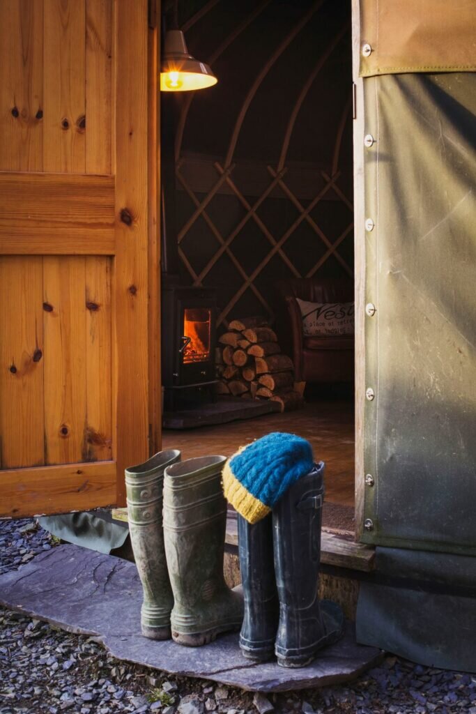Yurt in Wales: yurt and wellies at The Welsh Farm