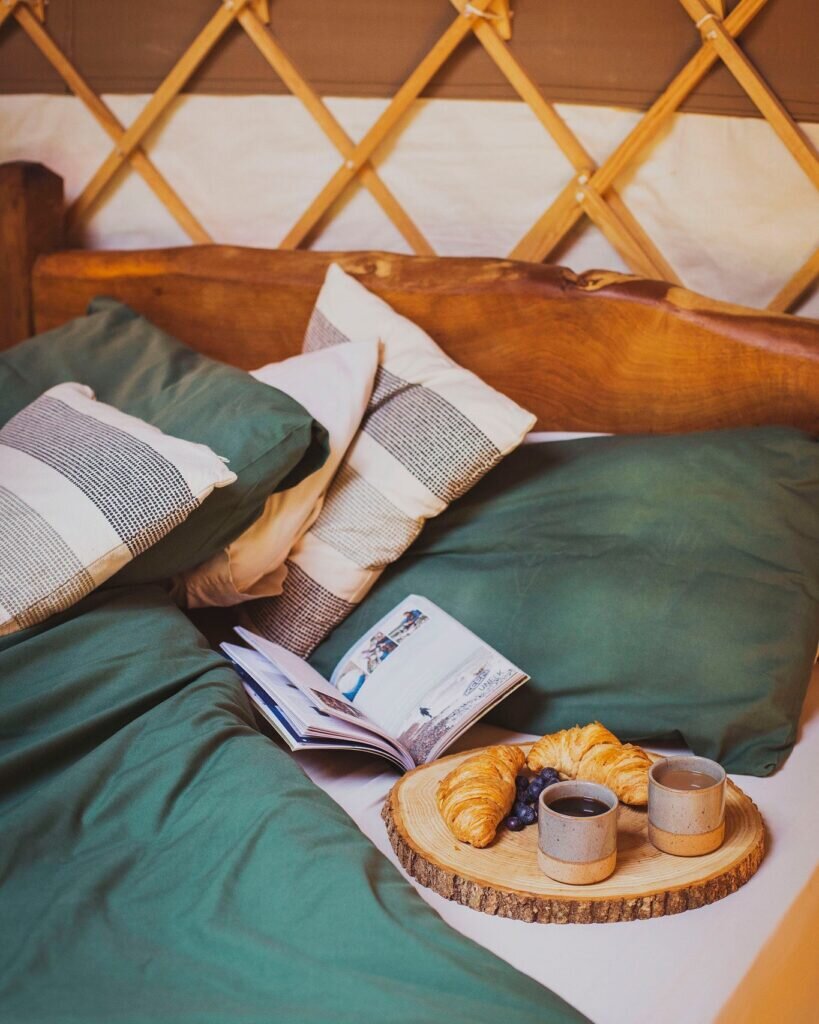 Yurt in Wales: breakfast in bed at The Welsh Farm