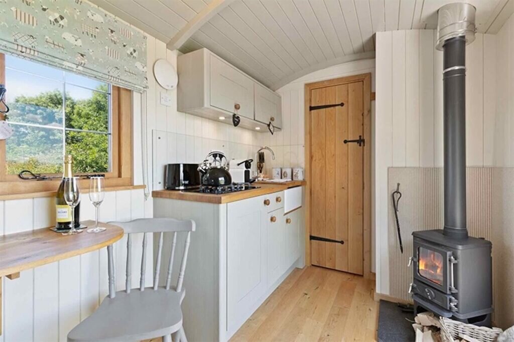 Shepherds Hut Wales - Cromwell's Hideaway - inside kitchen
